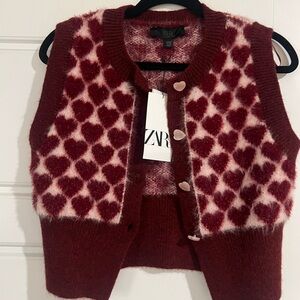 Zara Women's Burgundy Heart Pattern Sweater Vest